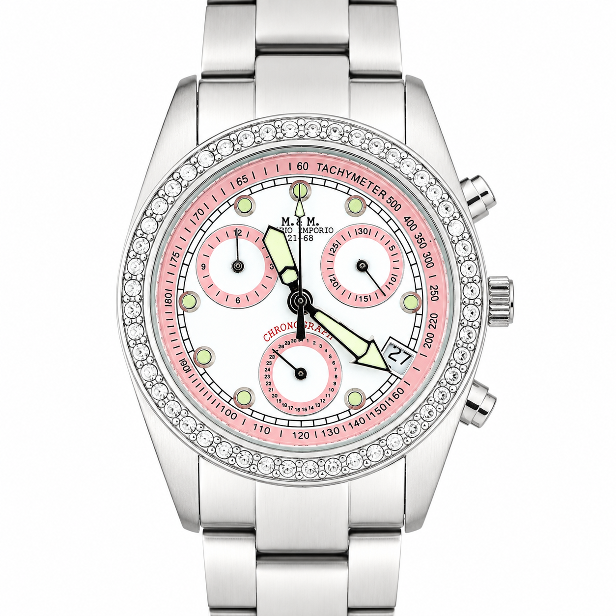 Orologio M&M Primo Emporio 21-68 Cronografo Tachimetro Silver Pink - Lunetta con Cristalli e Bracciale in Acciaio