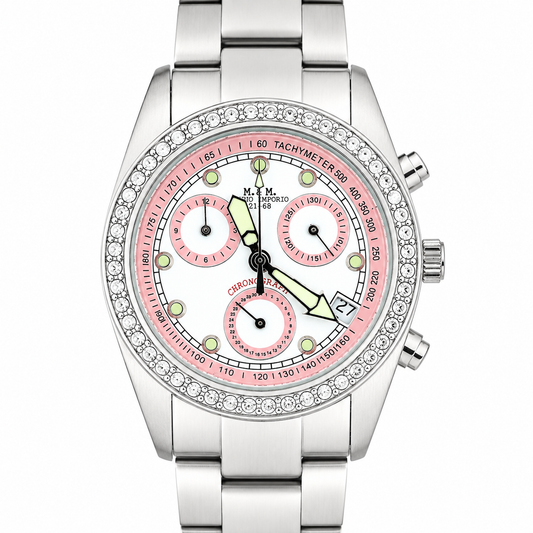 Orologio M&M Primo Emporio 21-68 Cronografo Tachimetro Silver Pink - Lunetta con Cristalli e Bracciale in Acciaio