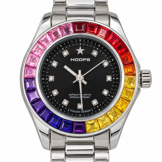 Orologio Hoops con quadrante nero, lunetta sfaccettata multicolore e bracciale a maglie argentato