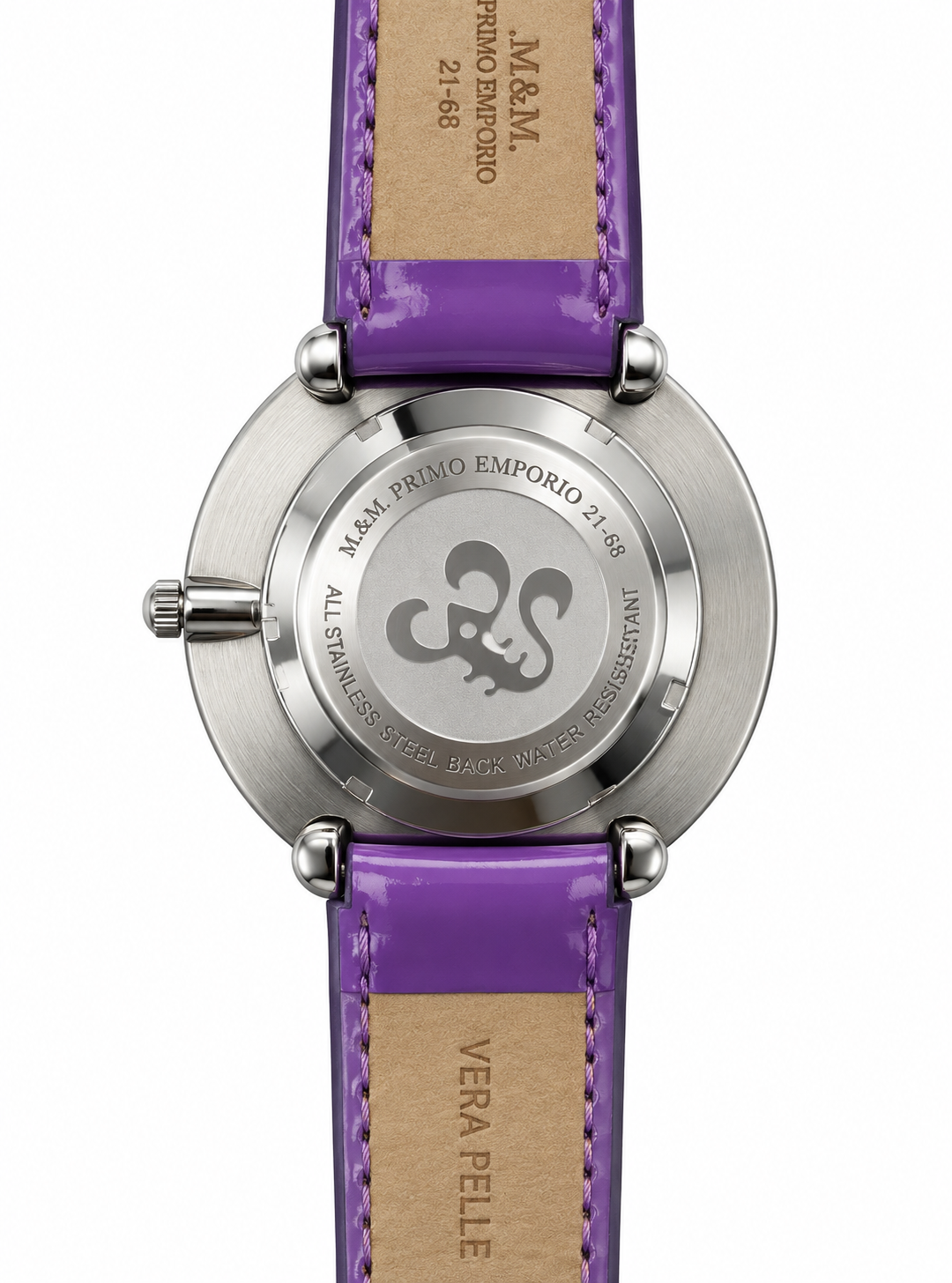 M&M Primo Emporio 21-68 – Orologio Donna Tondo Lilla Cristalli Numeri Romani Cinturino Vernice Quarzo