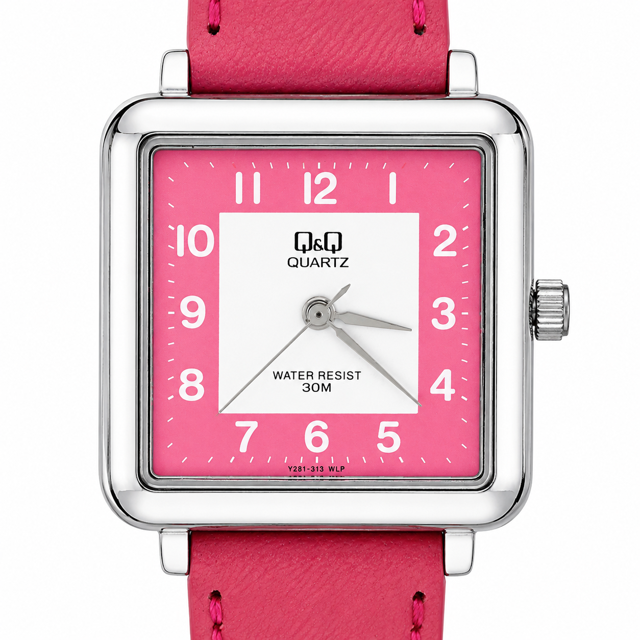 Q&Q Quartz Orologio Donna – Cassa Squadrata Argento Quadrante Fuxia Cinturino Pelle WR 30M