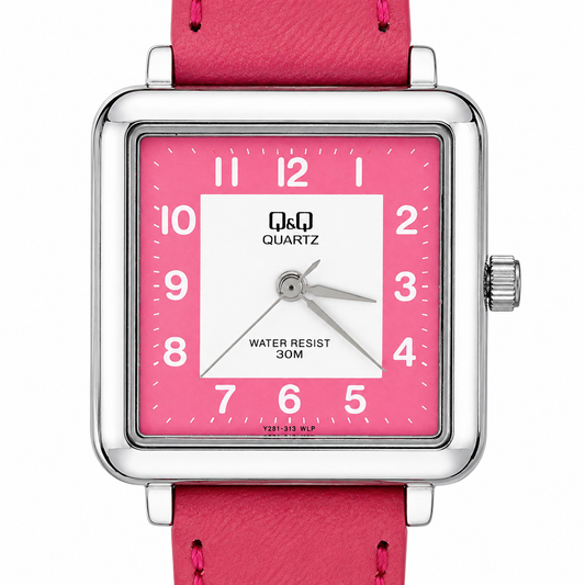 Q&Q Quartz Orologio Donna – Cassa Squadrata Argento Quadrante Fuxia Cinturino Pelle WR 30M