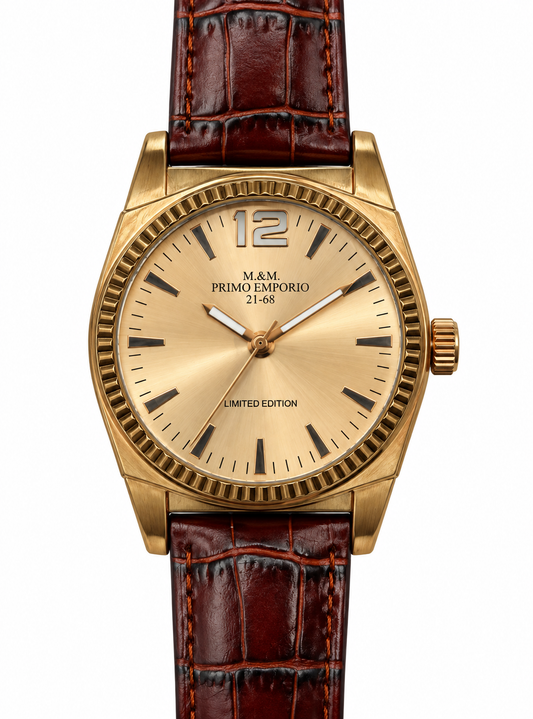 Orologio M&M Primo Emporio 21-68 Limited Edition gold quadrante champagne sunray lunetta fluted dorata cinturino coccodrillo bordeaux