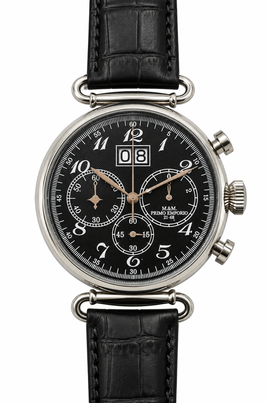 M&M Primo Emporio 21-68 Cronografo Grande Data Acciaio Quadrante Nero Pelle Nera