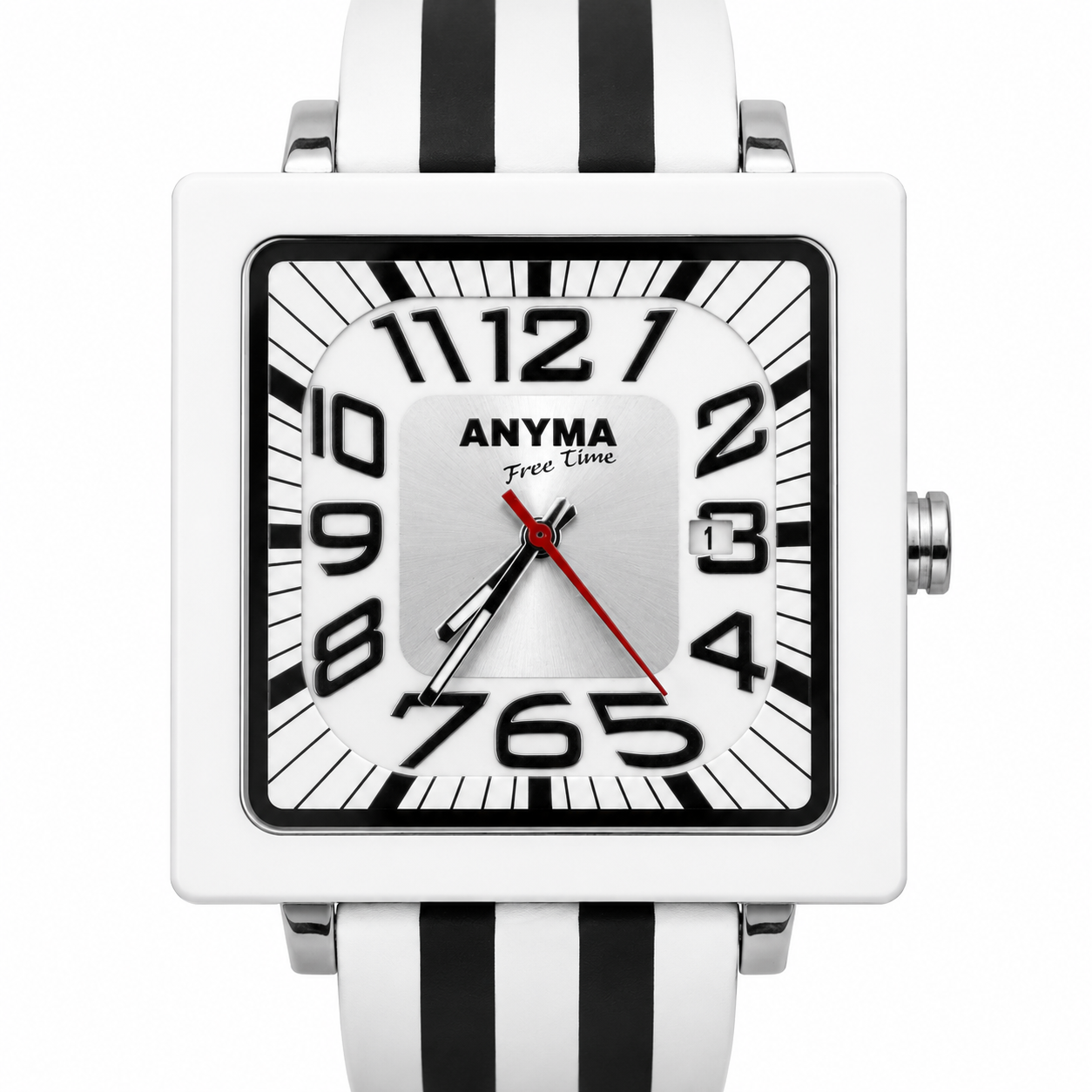 Anyma Free Time – Orologio Cassa Quadrata Bianca Quadrante Bianco/Nero con Data e Cinturino Silicone