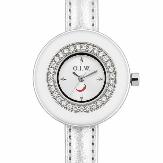 Orologio O.I.W. Chili Pepper - Cassa Bianca con Corona di Cristalli e Cinturino Argento