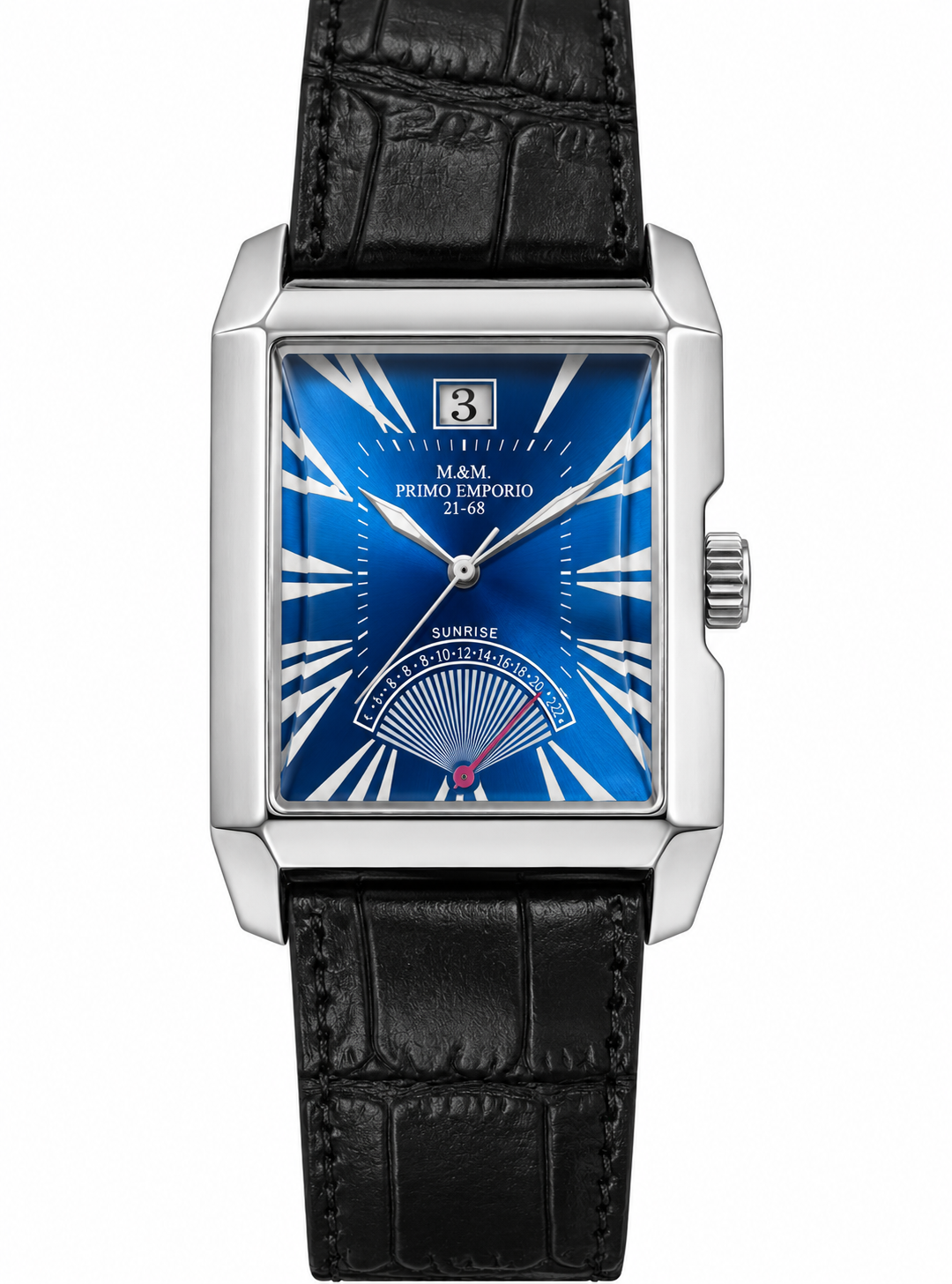 Orologio uomo M&M Primo Emporio 21-68 Sunrise quadrante rettangolare blu sunray indicatore alba cinturino pelle nera