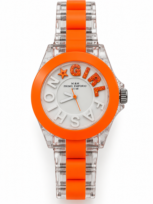Orologio Donna M&M Primo Emporio Fashion Girl – Arancio, Blu, Giallo e Verde con Bracciale Trasparente