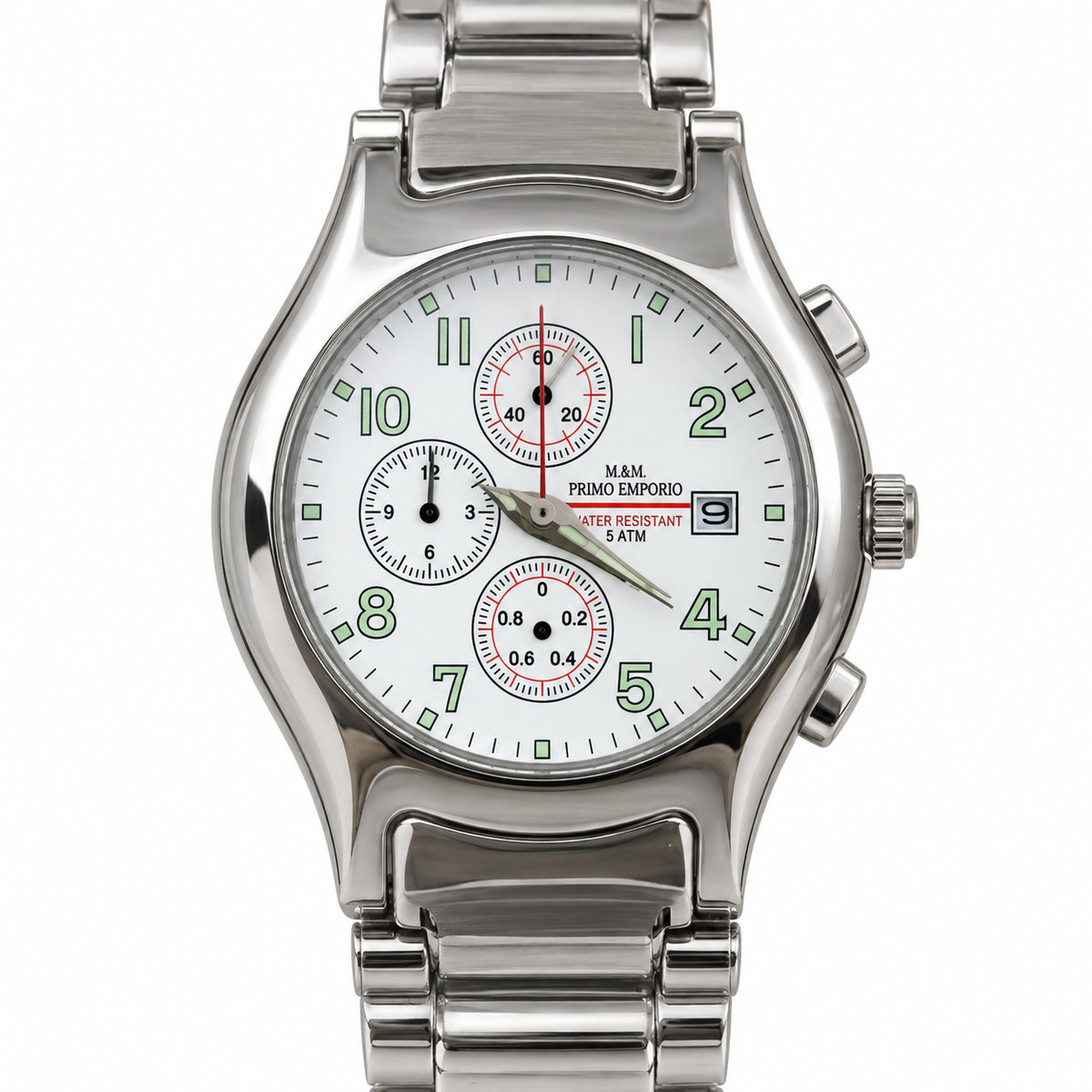 Cronografo M&M Primo Emporio con quadrante bianco, dettagli rossi e bracciale color acciaio