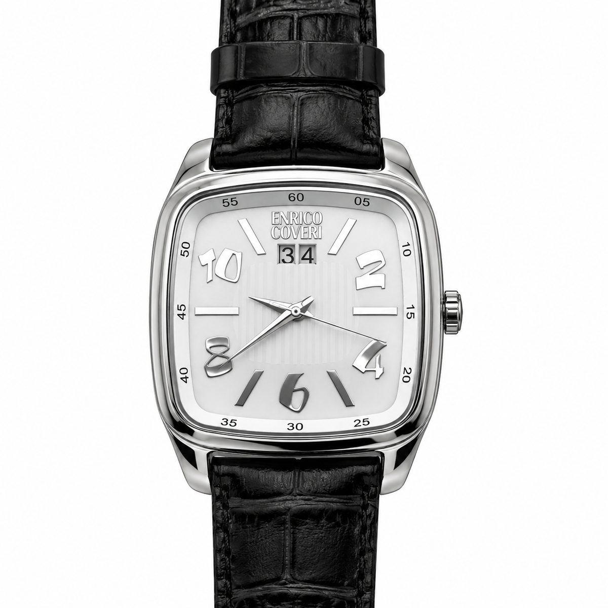 Enrico Coveri – Orologio Uomo Cushion Quadrante Bianco Data Cinturino Coccodrillo Nero