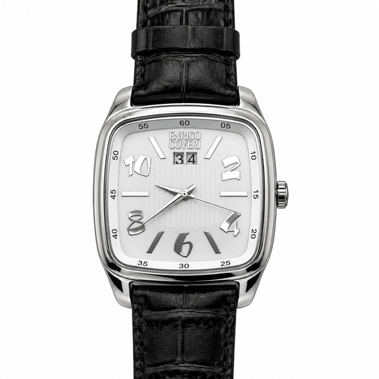Enrico Coveri – Orologio Uomo Cushion Quadrante Bianco Data Cinturino Coccodrillo Nero