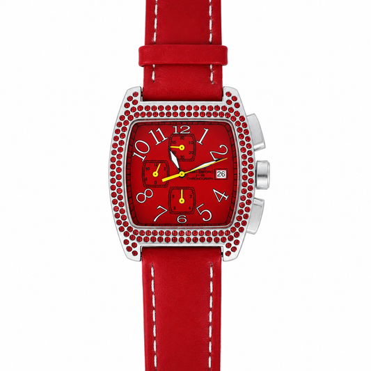 Orologio Primo Emporio Cronografo Red Passion - Lunetta con Cristalli Rossi e Cinturino in Pelle Rossa