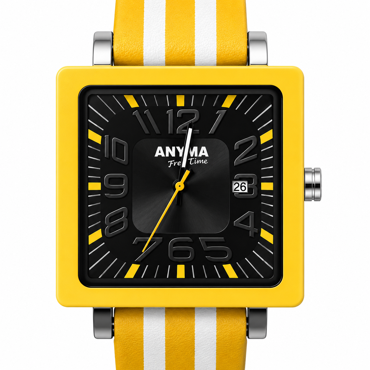 Anyma Free Time – Orologio Cassa Quadrata Gialla Quadrante Nero con Data e Cinturino Silicone