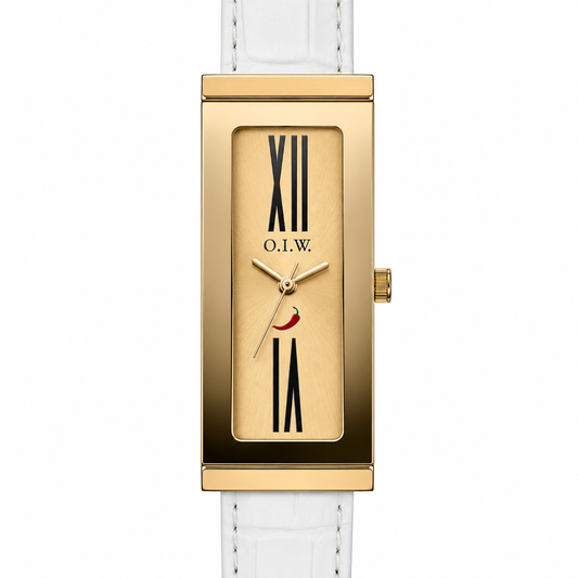 O.I.W. – Orologio Donna Cassa Tank Dorata Quadrante Champagne Cinturino Bianco