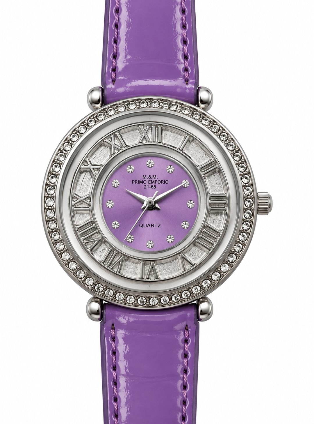 Orologio donna M&M Primo Emporio 21-68 tondo lilla cristalli numeri romani doppio quadrante cinturino vernice lilla quarzo