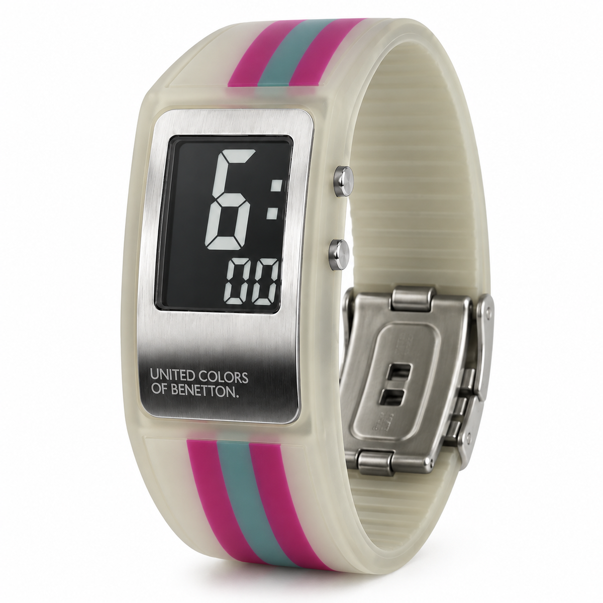 United Colors of Benetton Orologio Digitale – Cassa a Specchio Cinturino Righe Bianco Rosa e Grigio