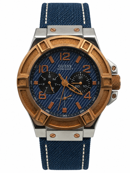 Orologio Guess W0360G6 blu effetto denim con dettagli bronzati