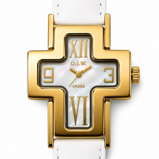 O.I.W. Cross Gold White — Orologio Donna Cassa a Croce Dorata Cinturino Bianco