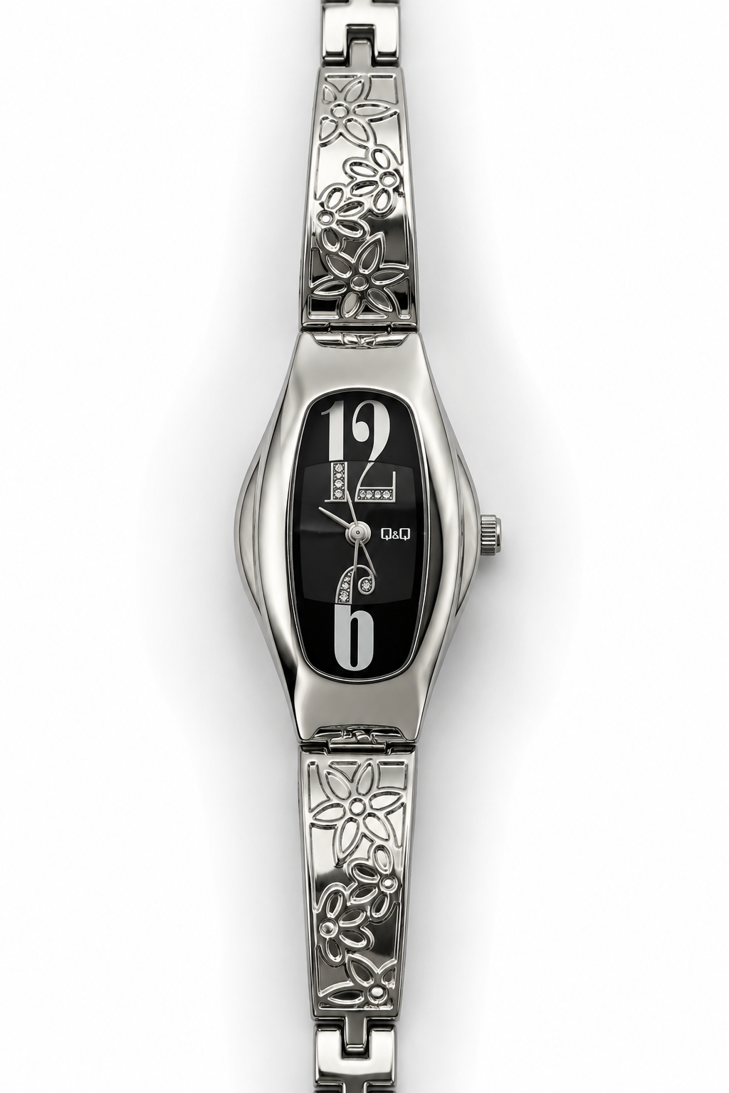 Q&Q Orologio Donna Cassa Ovale Quadrante Nero Strass Bracciale Acciaio Floreale