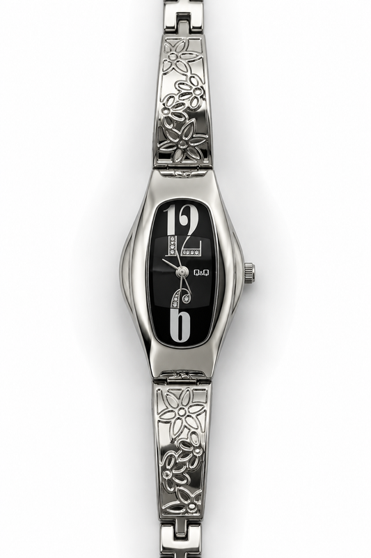 Q&Q Orologio Donna Cassa Ovale Quadrante Nero Strass Bracciale Acciaio Floreale