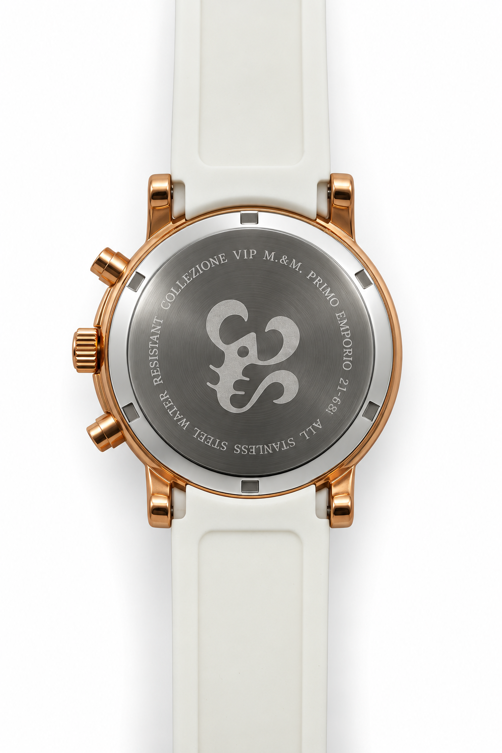 M.&M. VIP Primo Emporio 21-68 — Cronografo Rose Gold Quadrante Numeri Romani Data Cinturino Gomma Bianco