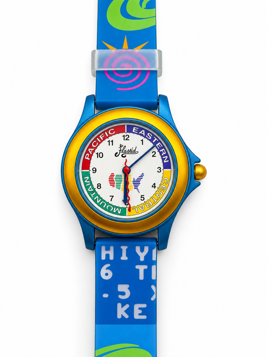 Orologio Flastid blu e giallo con quadrante multicolore e cinturino fantasia