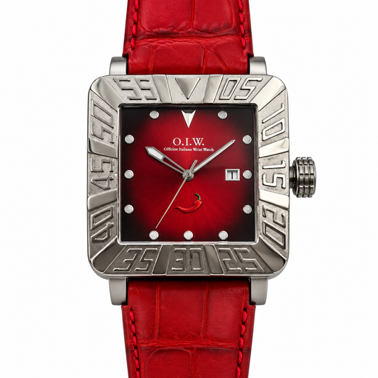 Orologio O.I.W. quadrato argentato con quadrante rosso sfumato e datario