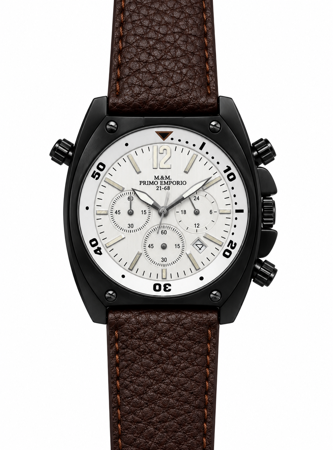 Orologio uomo M&M Primo Emporio 21-68 cronografo quadrante bianco cassa PVD nero cinturino pelle marrone goffrata