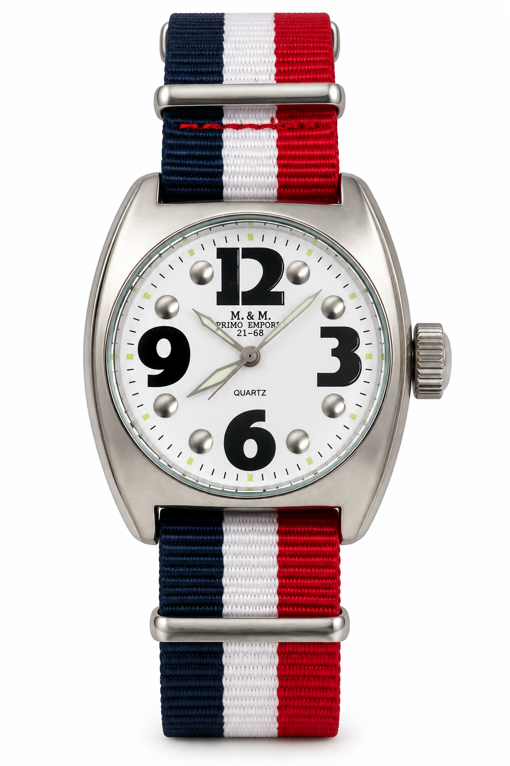 M.&M. Primo Emporio 21-68 – Orologio Unisex Cassa Acciaio Quarzo Cinturino NATO | Blu, Verde, Rosso, Bianco
