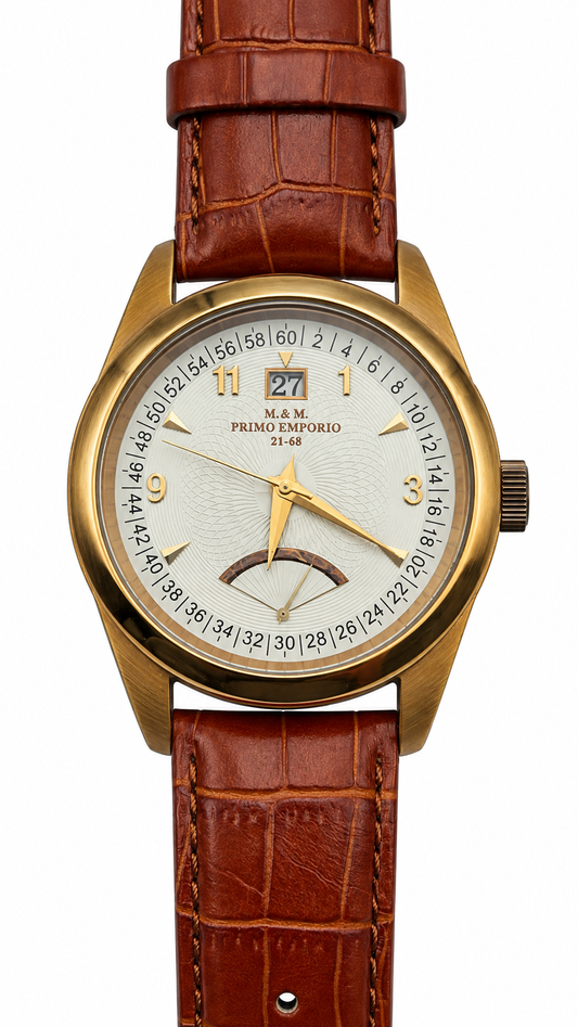 M&M Primo Emporio - Orologio Uomo Grande Data Riserva di Carica Cassa Oro Cinturino Coccodrillo Marrone