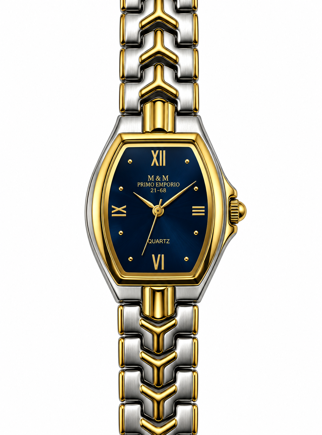 Orologio donna M&M Primo Emporio 21-68 tonneau quadrante blu notte numeri romani gold bracciale bicolore oro argento chevron quarzo
