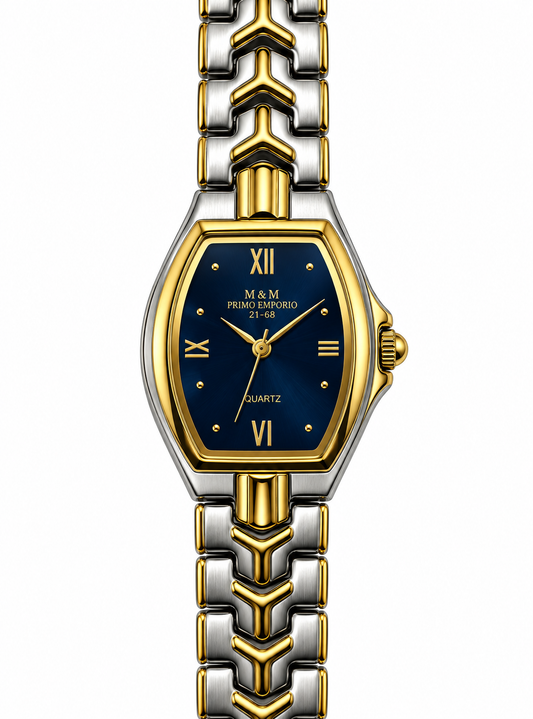 Orologio donna M&M Primo Emporio 21-68 tonneau quadrante blu notte numeri romani gold bracciale bicolore oro argento chevron quarzo