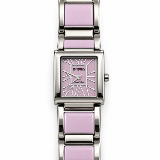 Orologio Haurex Grand Time rettangolare rosa con bracciale in acciaio e inserti coordinati