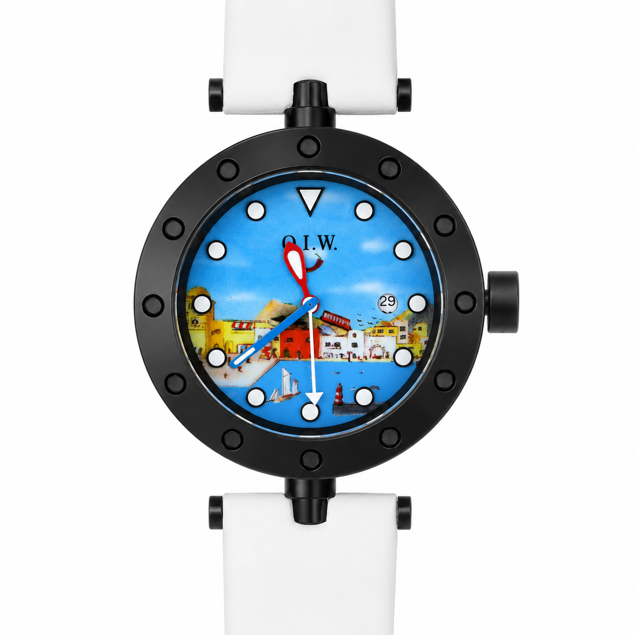 Orologio O.I.W. Art Edition Porto Mediterraneo - Cassa Oblò Black e Cinturino Bianco