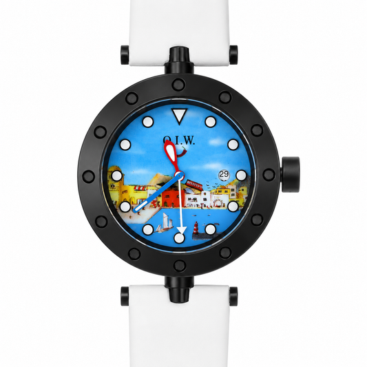 Orologio O.I.W. Art Edition Porto Mediterraneo - Cassa Oblò Black e Cinturino Bianco