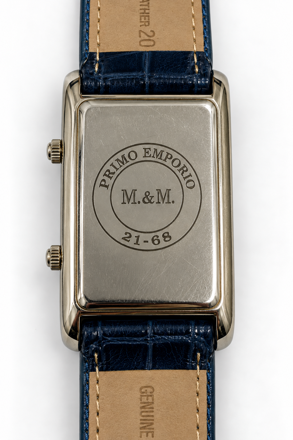 M.&M. Primo Emporio 21-68 – Orologio Dual Time Cassa Rettangolare Acciaio Cinturino Pelle | Blu o Nero