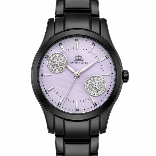 Jennifer Lopez Orologio Donna Multifunzione Nero Quadrante Lilla Madreperla Cristalli Pavé