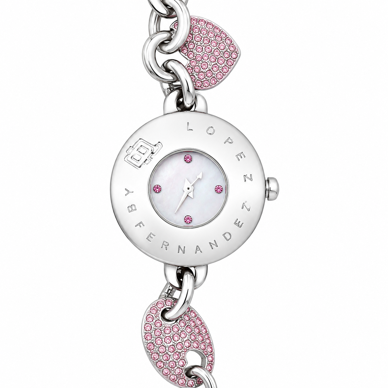 Orologio Jennifer Lopez Heart - Bracciale a Catena con Cuori di Cristalli Rosa e Quadrante Madreperla