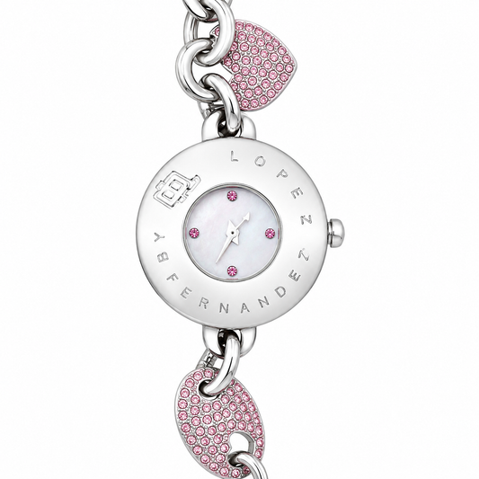 Orologio Jennifer Lopez Heart - Bracciale a Catena con Cuori di Cristalli Rosa e Quadrante Madreperla