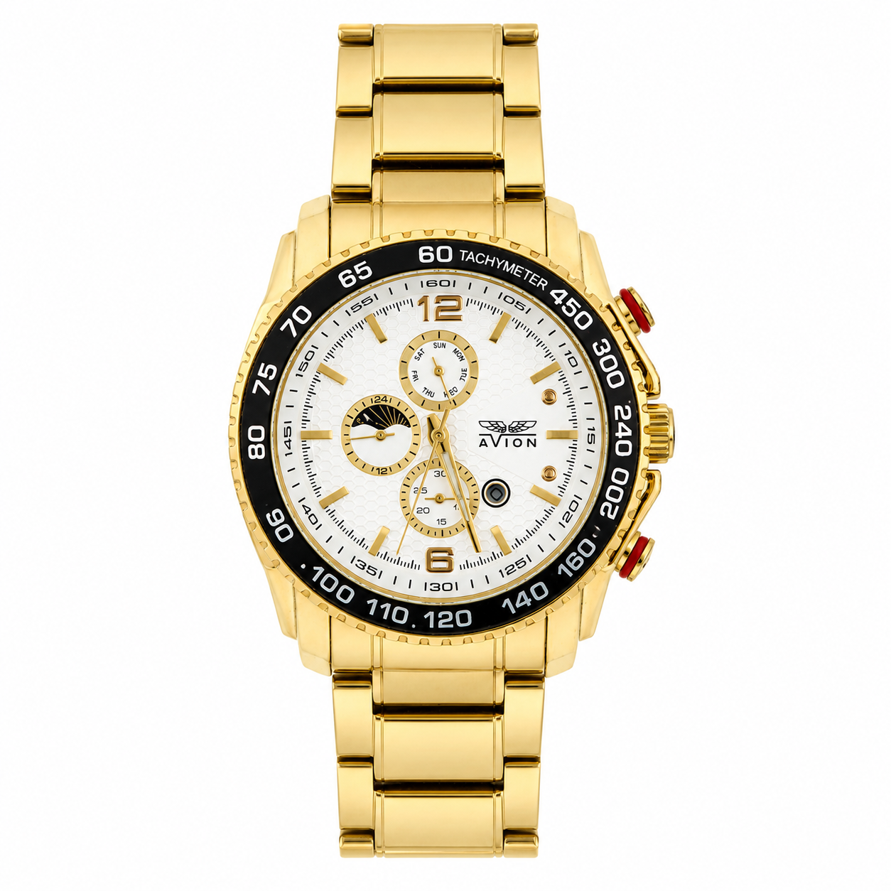 Orologio Avion Cronografo Tachimetro Gold - Fase Lunare e Bracciale in Acciaio Dorato