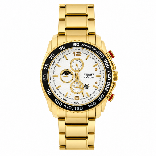 Orologio Avion Cronografo Tachimetro Gold - Fase Lunare e Bracciale in Acciaio Dorato