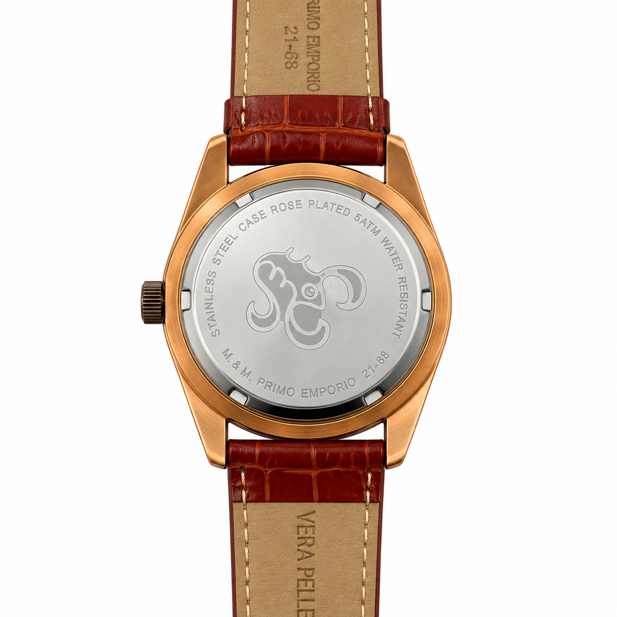 M.&M. Primo Emporio 21-68 — Orologio Uomo Cushion Rose Gold Grande Data Scala Periferica Cinturino Cognac
