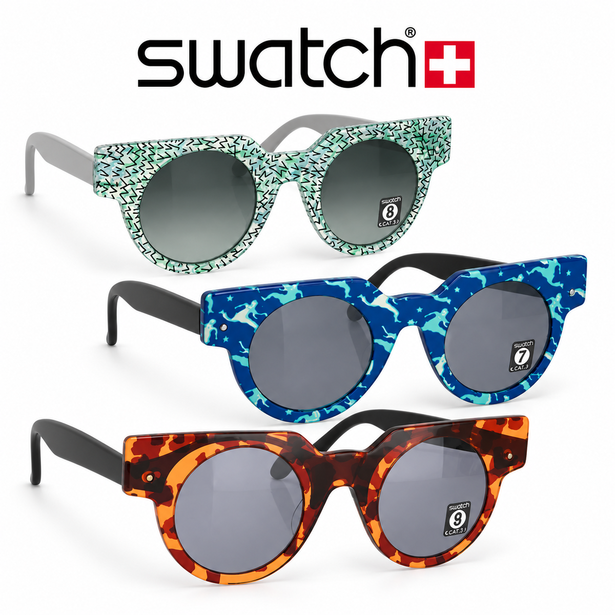 Swatch Occhiali da Sole Vintage Unisex UV400 | Leopard Camouflage · Blu Interstellar · Verde Peppermint