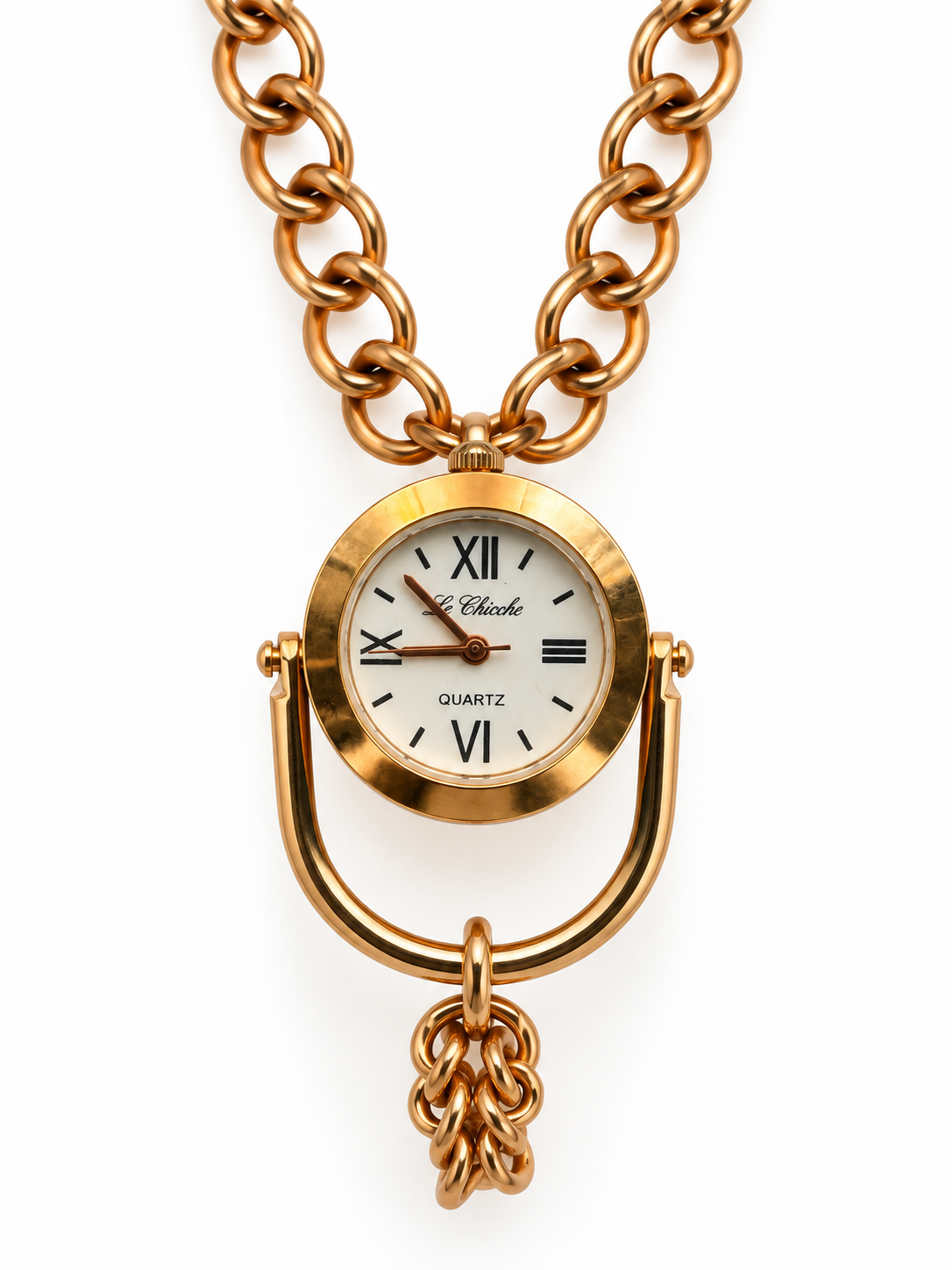 Collana Statement Pendente Corno Pietra Rosa Marmorizzata Catena Rolo Oro