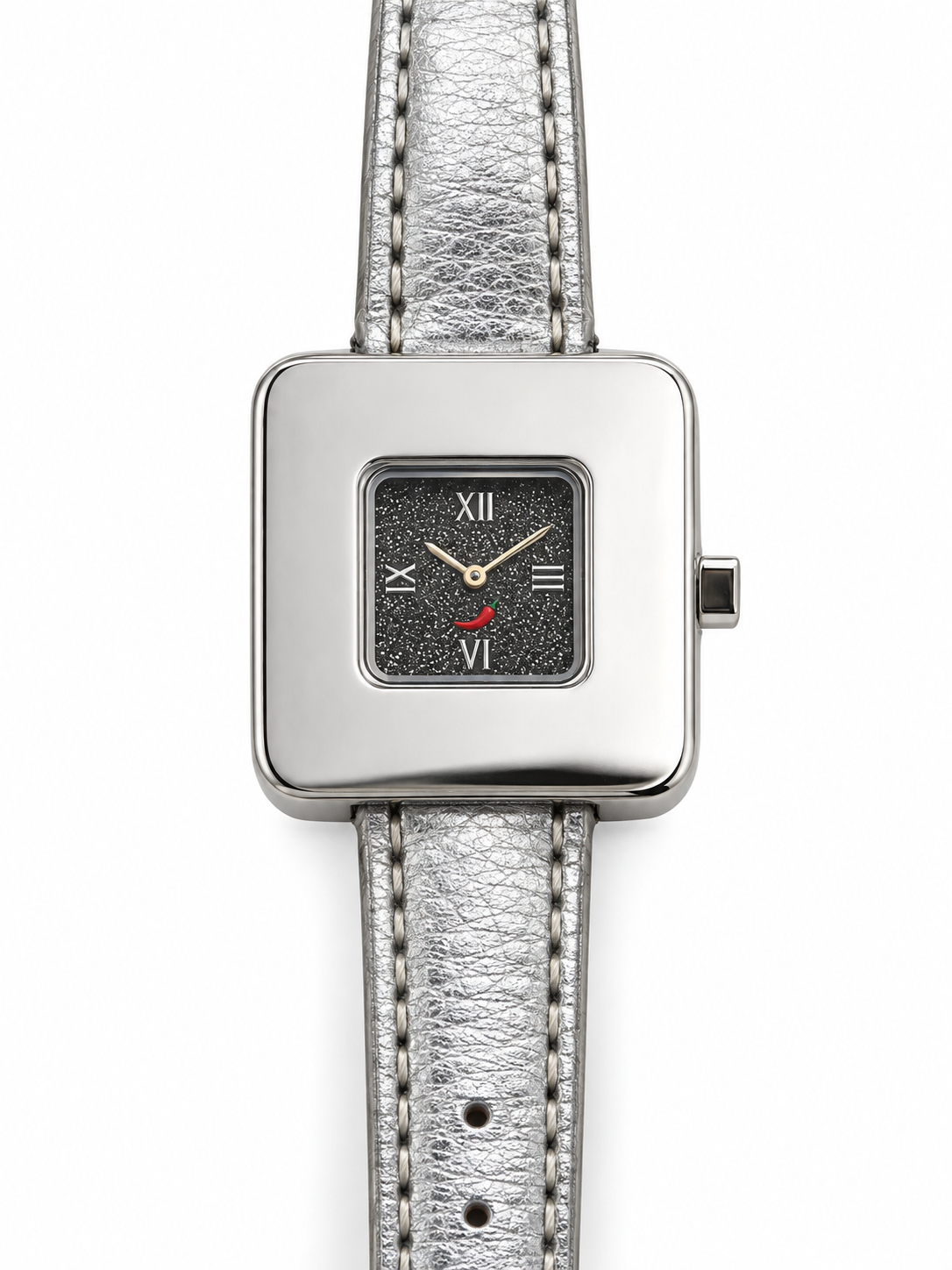 Orologio O.I.W. quadrato argentato con quadrante glitter e cinturino argento