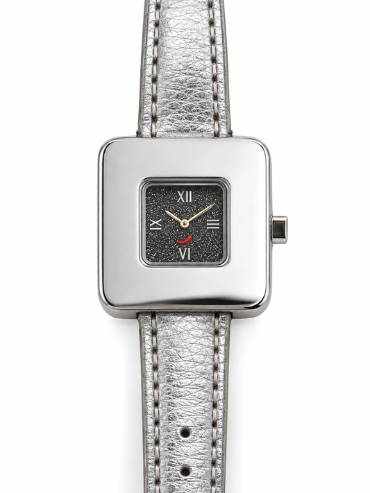 Orologio O.I.W. quadrato argentato con quadrante glitter e cinturino argento