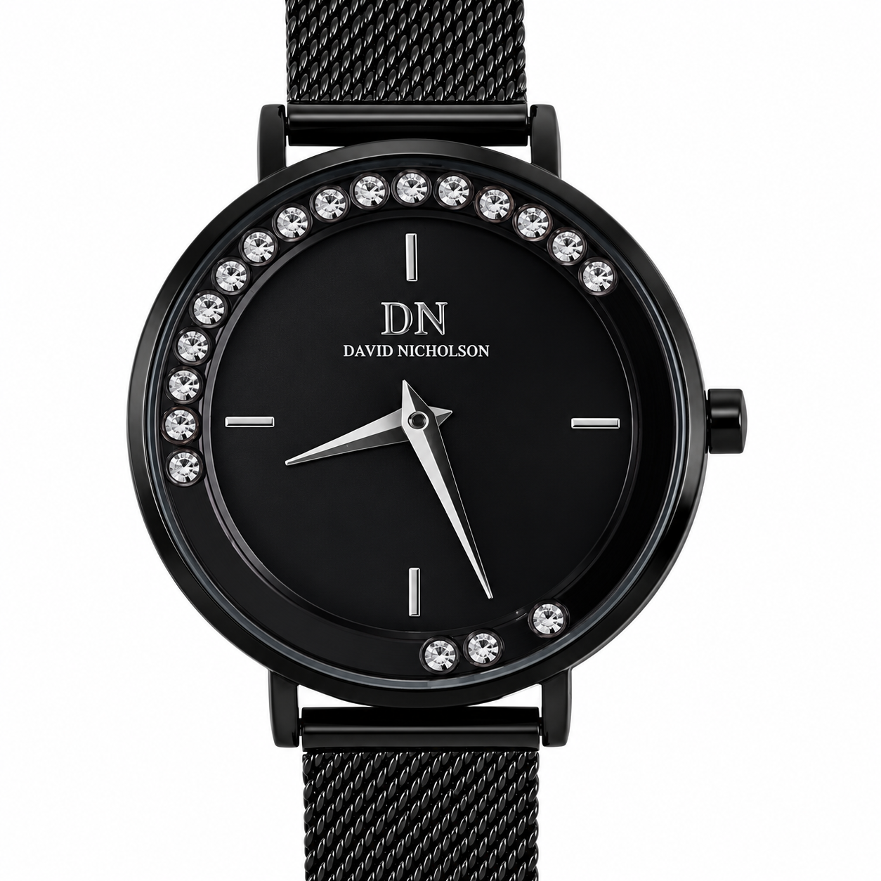 David Nicholson DN – Orologio Donna Quarzo Full Black Lunetta con Cristalli Quadrante Nero e Bracciale Mesh Nero