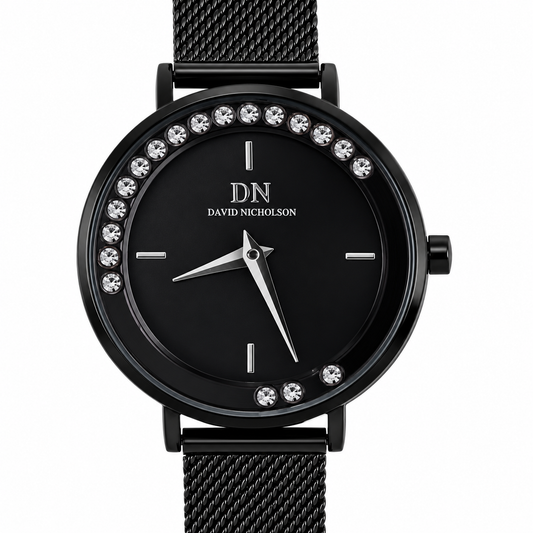 David Nicholson DN – Orologio Donna Quarzo Full Black Lunetta con Cristalli Quadrante Nero e Bracciale Mesh Nero
