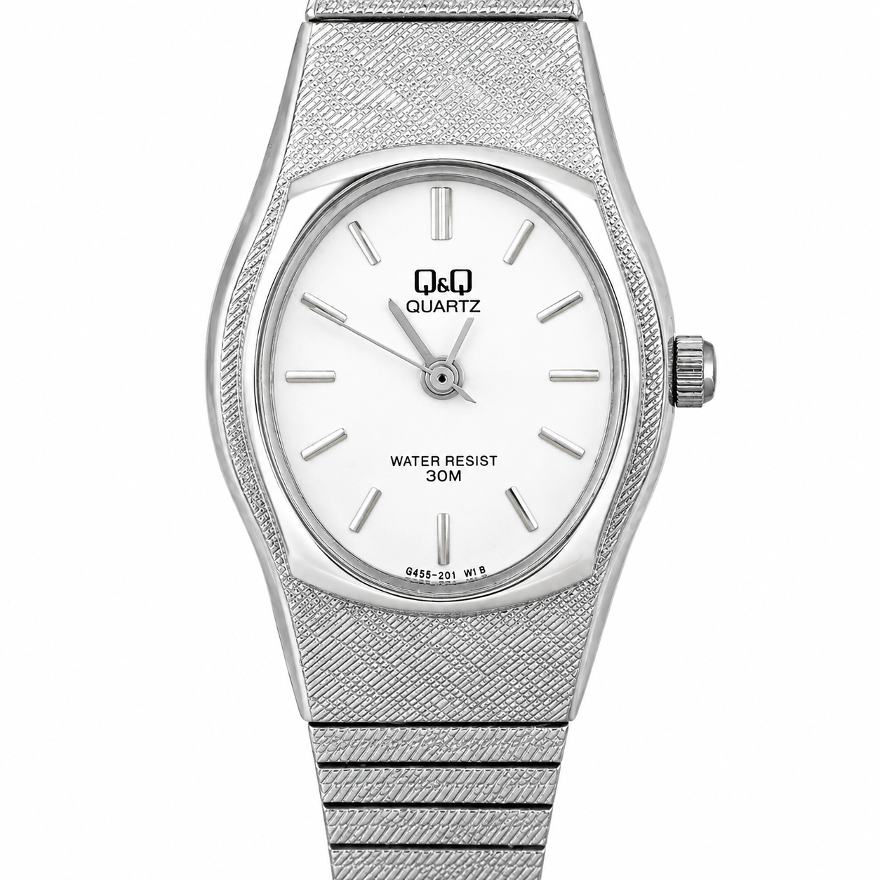 Q&Q – Orologio Donna Cassa a Botte Acciaio Texture Griglia Quadrante Ovale Bianco Bracciale Espandibile 30M