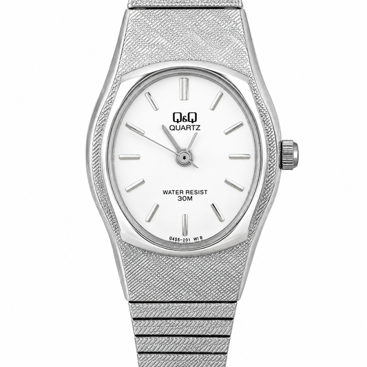 Q&Q – Orologio Donna Cassa a Botte Acciaio Texture Griglia Quadrante Ovale Bianco Bracciale Espandibile 30M